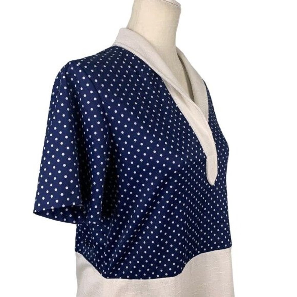 Vintage Polka Dot Linen Blend Dress M Blue White Zip V Neck Collar Rockabilly - Picture 4 of 7